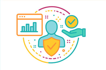 Poster - Flat vector illustration of data security concept showcasing a user, protective shield, hand, and analytical charts