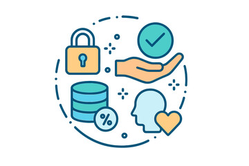 Poster - Illustration of data security concepts with hand, lock, and icons representing trust and analysis in flat vector style