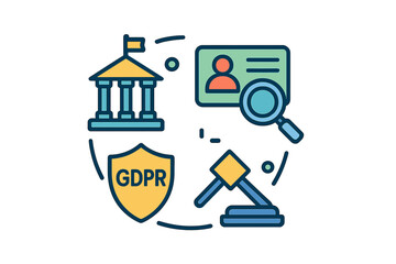 Poster - Flat vector illustration depicting GDPR compliance with elements of law, data protection, and regulatory symbols