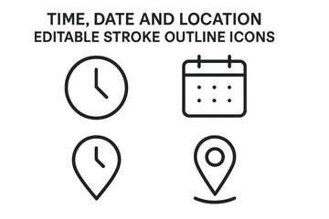 Poster - Editable stroke outline icons for time, date, and location in flat vector style