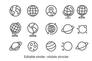 Poster - Vector illustration of globes and planetary designs illustrating geography, exploration, and the cosmos in a minimalist style