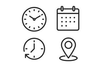 Poster - Flat vector illustration showing essential time and location icons for scheduling and planning activities effectively