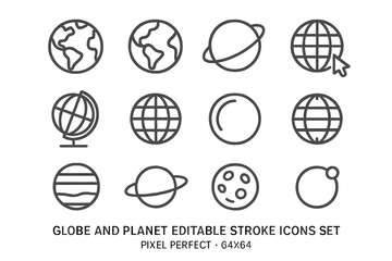 Poster - Vector illustration of various globe and planet icons arranged in a grid with editable stroke design elements