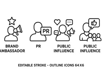 Poster - Flat vector illustration showcasing brand ambassador and public influence concepts with communication symbols and icons in a minimalistic style
