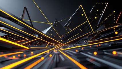 Poster - Abstract futuristic cityscape with glowing yellow lines and dark structures