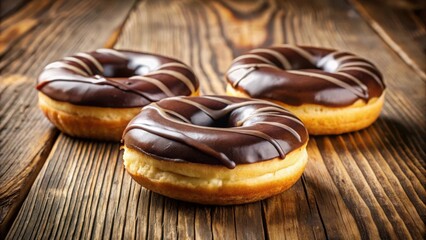 Poster - Three Chocolate Glazed Donuts with White Drizzle on a Wooden Surface