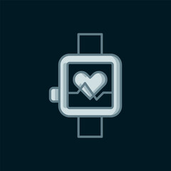 Poster - Line Smart watch showing heart beat rate icon isolated on black background. Fitness App concept. Flat filled outline style with shadow. Vector