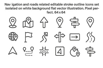 Poster - Navigation and road-related editable stroke outline icons set featuring various symbols for maps and directions