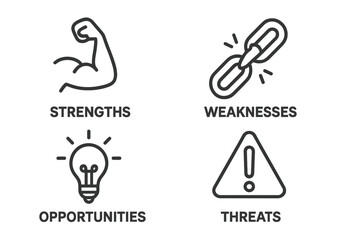 Poster - Conceptual illustration of SWOT analysis with strengths, weaknesses, opportunities, and threats displayed in a flat vector style