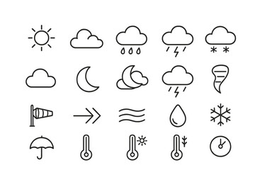 Poster - Weather icons illustrating various conditions including sun, clouds, rain, snow, and temperature displayed in a flat vector style