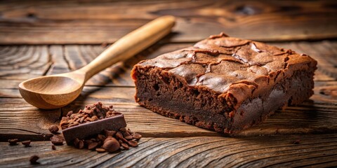 Poster - A Fudgy Brownie with Chocolate Chips and a Wooden Spoon on a Rustic Wooden Table