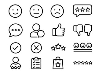 Poster - Flat vector illustration depicting various expressions and feedback elements for customer satisfaction and product reviews