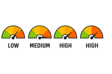 Aufkleber - Colorful flat vector illustration of gauge indicators displaying levels ranging from low to high