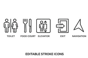 Poster - Flat vector illustration of facility icons including toilet, food court, elevator, exit, and navigation symbols