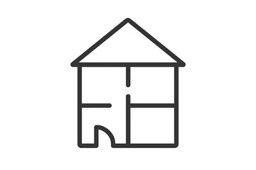  - Simple flat vector illustration depicting an outlined house with geometric features and an open doorway in a minimalistic style