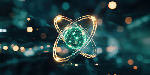 Poster - 3D digital representation of an atom with glowing electrons and particles in motion.