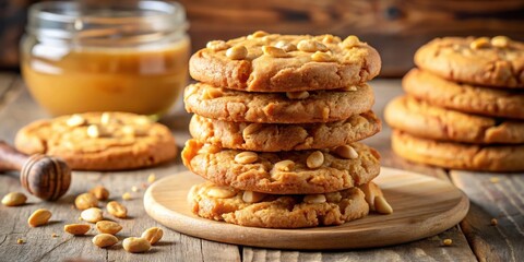Poster - A stack of freshly baked peanut butter cookies on a wooden board, with scattered nuts and a jar of caramel sauce in the background.