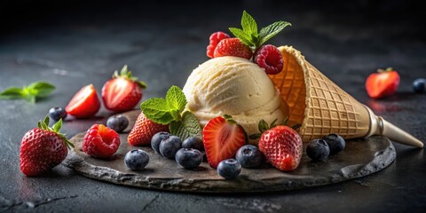 Poster - A creamy scoop of vanilla ice cream, nestled in a waffle cone, surrounded by ripe strawberries, blueberries, and raspberries, rests on a dark slate plate.