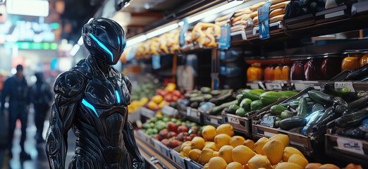 Poster - Futuristic robot shopping in vibrant grocery store filled with fresh produce.