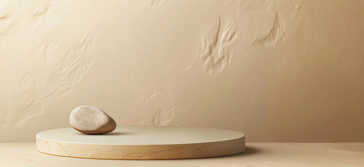 Poster - minimalist stone on circular pedestal against textured beige background.