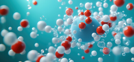 Poster - Molecular Structure Representation with Water Molecules and Bubbles in Blue Background.