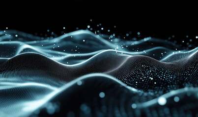 Poster - Abstract digital landscape with flowing waves and glowing particles in dark background.