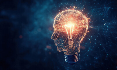 Poster - Creative concept of human head with glowing light bulb representing ideas and innovation.