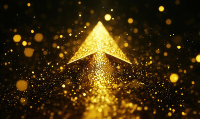 Poster - Golden arrow made of glittering particles pointing upwards in a dark background.