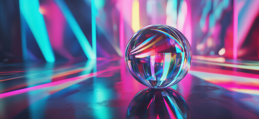 Poster - Colorful crystal sphere reflecting vibrant light patterns in abstract setting.