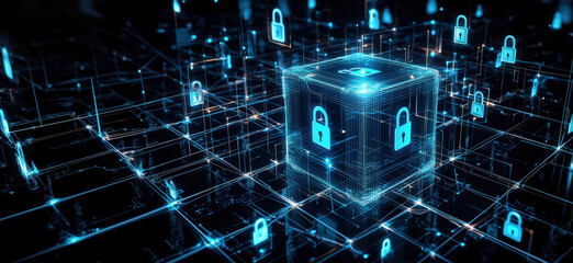 Fototapete - Digital security concept with glowing lock symbols and data protection cube.