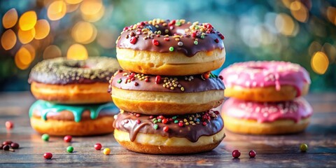 Poster - A stack of chocolate and colorful glazed donuts with sprinkles on a rustic wooden surface with scattered sprinkles, showcasing a delicious and tempting treat.