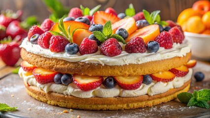 Poster - A delightful summery cake layered with fresh fruit and whipped cream, the perfect dessert for a warm afternoon