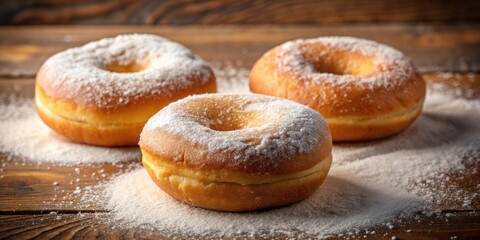 Aufkleber - Three Freshly Baked Donuts with Powdered Sugar on a Rustic Wooden Surface