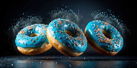 Poster - Three blue frosted donuts with sprinkles levitate against a black background, creating a dynamic and delicious scene.