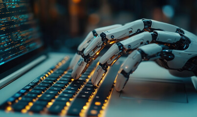 Poster - Robotic hand typing on laptop keyboard showcasing advanced technology and artificial intelligence.
