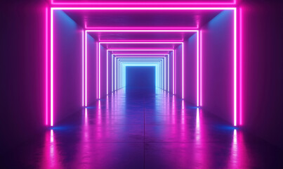 Poster - neon-lit corridor with vibrant pink and blue lights creating a futuristic atmosphere.