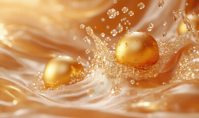 Poster - Golden spheres splashing in shimmering liquid waves with bubbles and reflections.