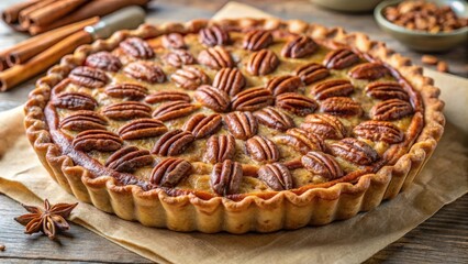 Poster - A golden pecan pie with a flaky crust, bursting with the rich flavor of pecans and cinnamon