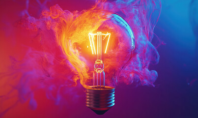 Poster - Illuminated light bulb surrounded by vibrant flames and colorful smoke effects.