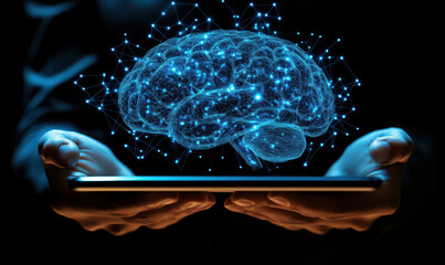 Poster - Digital brain hologram emerging from tablet in hands representing technology and innovation.