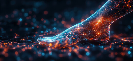 Poster - Futuristic glowing foot with digital network connections and vibrant colors.