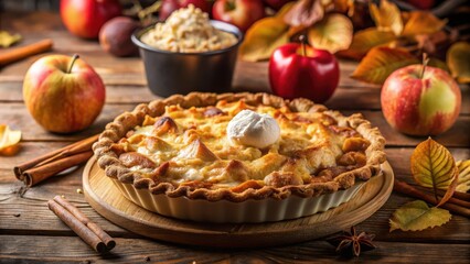 Poster - A delicious apple pie with a flaky crust, topped with a dollop of whipped cream, surrounded by autumnal leaves and cinnamon sticks on a rustic wooden table.