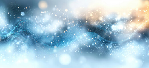 Poster - Abstract blue and gold wave background with sparkling particles and soft bokeh effect.