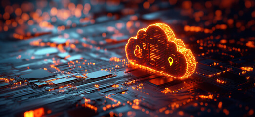 Poster - Cloud computing technology with glowing cloud symbol on circuit board background.
