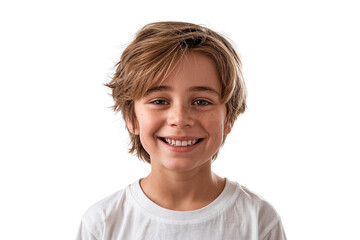 Fototapete - Smiling young boy with blonde hair wearing a white shirt, looking at the camera with a cheerful and friendly expression on transparent background