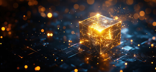 Poster - Glowing digital cube with intricate patterns and sparkling lights on dark background.