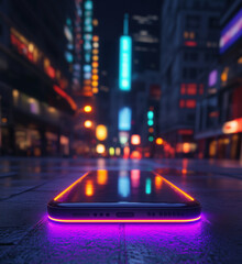 Poster - Smartphone with Neon Glow in Urban Nightscape Featuring Vibrant City Lights.