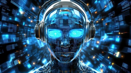 Poster - Ai robot listening to music with headphones