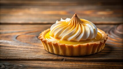 Poster - A single lemon tart with a swirl of meringue, resting on a rustic wooden surface. The golden crust and creamy filling are illuminated by a warm light, creating a tempting and delectable image.