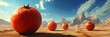© Tom - Giant rolling tomatoes populate a surreal desert landscape under a vibrant sky amidst distant mountains and expansive terrain